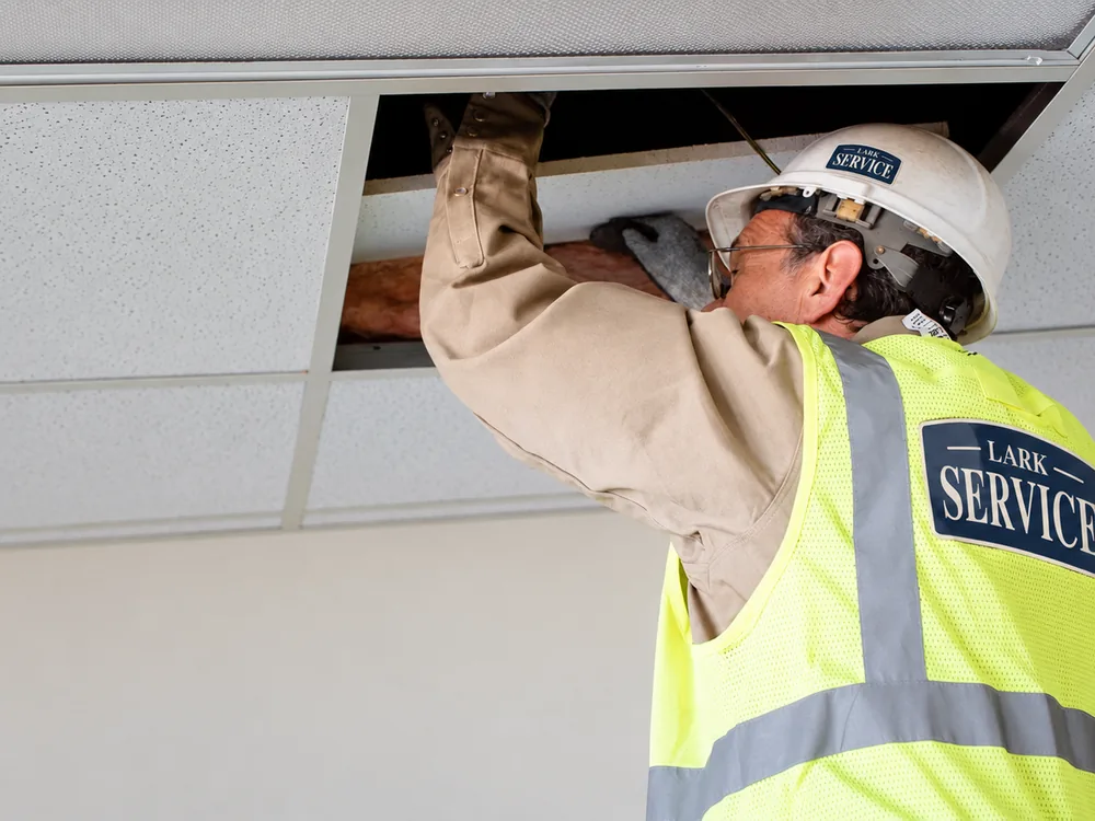 Lark Service electrician working above a ceiling grid