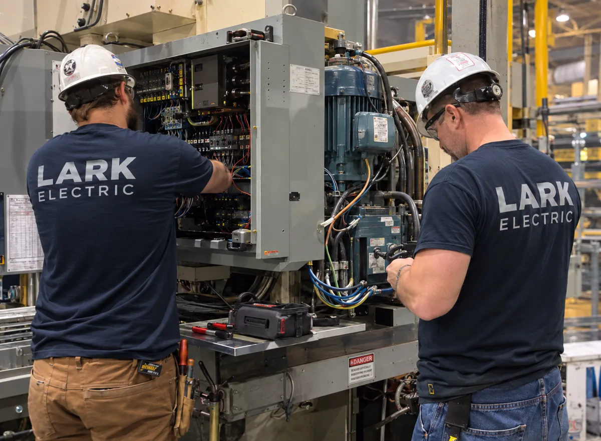 Lark electricians working on an industrial control panel